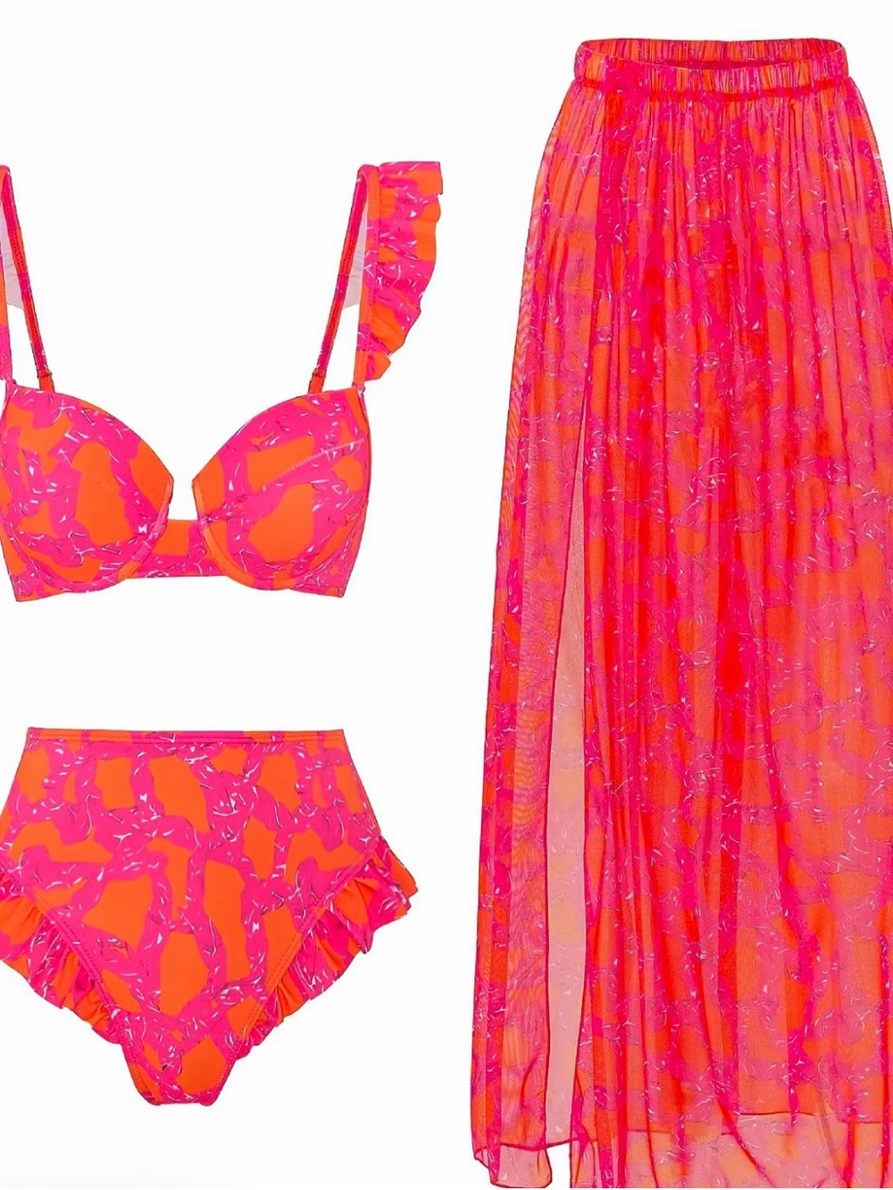 3 piece Women’s Pink & Orange Ruffle Bikini Set Large